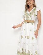 rosa Rochie Alb-Verde din Viscoză cu Curea cu Model Ornamental Nilorine