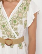 rosa Rochie Alb-Verde din Viscoză cu Curea cu Model Ornamental Nilorine