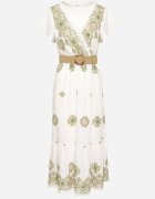 rosa Rochie Alb-Verde din Viscoză cu Curea cu Model Ornamental Nilorine