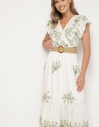 rosa Rochie Alb-Verde din Viscoză cu Decolteu petrecut și Curea Nilazea