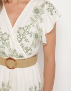 rosa Rochie Alb-Verde din Viscoză cu Decolteu petrecut și Curea Nilazea