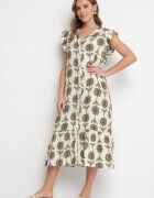 rosa Rochie Alb-Verde Florală cu Bumbac și Volan Efanelia