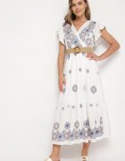 rosa Rochie Albă-Albastră din Viscoză cu Curea cu Model Ornamentat Nilorine