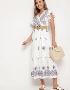 rosa Rochie Albă-Albastră din Viscoză cu Curea cu Model Ornamentat Nilorine