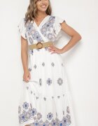 rosa Rochie Albă-Albastră din Viscoză cu Curea cu Model Ornamentat Nilorine