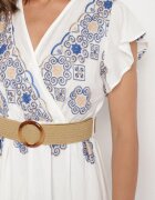 rosa Rochie Albă-Albastră din Viscoză cu Curea cu Model Ornamentat Nilorine