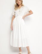 rosa Rochie Albă de Bumbac în Stil Rustic cu Buzunare Orriviane
