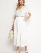 rosa Rochie Albă de Bumbac în Stil Rustic cu Buzunare Orriviane