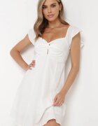 rosa Rochie Albă de Bumbac Mini cu Decupaj la Decolteu Miauri