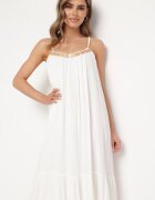 rosa Rochie Albă de vâscoză cu bretele decorată cu paiete și fir metalic Comalara