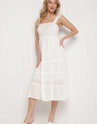 rosa Rochie Albă Din Viscoză cu Bretele Decorată cu Fir Metalic Iffrisse