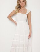rosa Rochie Albă Din Viscoză cu Bretele Decorată cu Fir Metalic Iffrisse