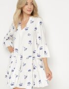 rosa Rochie Albă din Viscoză cu croială Cloș cu Broderie și Volane Axneria