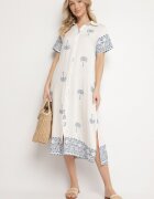 rosa Rochie Albă Dreaptă din Viscoză cu croială tip cămașă decorată cu broderie Sanori