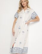 rosa Rochie Albă Dreaptă din Viscoză cu croială tip cămașă decorată cu broderie Sanori