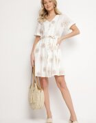 rosa Rochie Albă în Stil Boho cu Flori Brodate cu Șnur Evionis