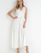 rosa Rochie Albă Plisată Maxi cu elastic în talie și curea din material Biak