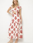 rosa Rochie Albă-Roșie din Viscoză Decorată cu Curea cu Cataramă și Model Geometric Orivana