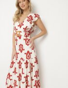 rosa Rochie Albă-Roșie din Viscoză Decorată cu Curea cu Cataramă și Model Geometric Orivana