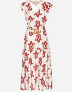 rosa Rochie Albă-Roșie din Viscoză Decorată cu Curea cu Cataramă și Model Geometric Orivana
