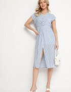 rosa Rochie Albastră Ajurată cu Vâscoză Decorată cu încrețituri Nelsedi