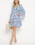 rosa Rochie Albastră Cloche din Viscoză cu Model Ornamental Ravapia