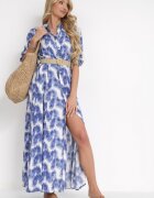 rosa Rochie Albastră Cloș Maxi cu Curea împletită și Buzunare laterale Suttyn