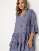 rosa Rochie Albastră cu Viscoză cu Croială Evazată cu Broderie și Volane Axneria