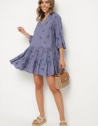 rosa Rochie Albastră cu Viscoză cu Croială Evazată cu Broderie și Volane Axneria
