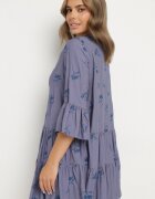 rosa Rochie Albastră cu Viscoză cu Croială Evazată cu Broderie și Volane Axneria