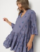 rosa Rochie Albastră cu Viscoză cu Croială Evazată cu Broderie și Volane Axneria