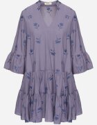 rosa Rochie Albastră cu Viscoză cu Croială Evazată cu Broderie și Volane Axneria