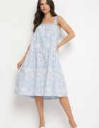 rosa Rochie albastră de bumbac florală decorată cu încrețituri Lilinoa