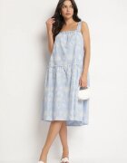 rosa Rochie albastră de bumbac florală decorată cu încrețituri Lilinoa