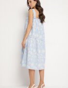 rosa Rochie albastră de bumbac florală decorată cu încrețituri Lilinoa