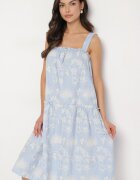 rosa Rochie albastră de bumbac florală decorată cu încrețituri Lilinoa