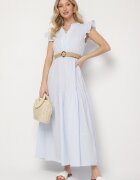rosa Rochie albastră deschisă de bumbac Boho cu croială cloș cu centură cu cataramă Iffalisse
