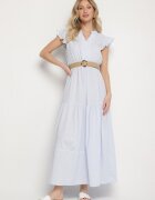 rosa Rochie albastră deschisă de bumbac Boho cu croială cloș cu centură cu cataramă Iffalisse