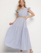 rosa Rochie Albastră din Bumbac Boho evazată cu curea și cataramă Iffalisse