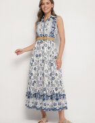 rosa Rochie Albastră din Bumbac cu Croială de Cămașă Fără Mâneci cu Centură Mirulenia