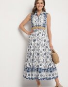 rosa Rochie Albastră din Bumbac cu Croială de Cămașă Fără Mâneci cu Centură Mirulenia