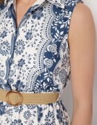 rosa Rochie Albastră din Bumbac cu Croială de Cămașă Fără Mâneci cu Centură Mirulenia