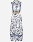 rosa Rochie Albastră din Bumbac cu Croială de Cămașă Fără Mâneci cu Centură Mirulenia
