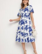 rosa Rochie Albastră din Bumbac Decupată cu Flori cu Fustă Evazată Florbia