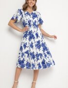 rosa Rochie Albastră din Bumbac Decupată cu Flori cu Fustă Evazată Florbia