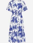 rosa Rochie Albastră din Bumbac Decupată cu Flori cu Fustă Evazată Florbia