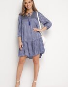 rosa Rochie Albastră Evazată Decorată Cu Ciucuri și Cu Model Mic Clemova