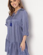 rosa Rochie Albastră Evazată Decorată Cu Ciucuri și Cu Model Mic Clemova