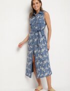 rosa Rochie Albastră fără Mâneci cu Croială Tip Cămașă cu Centură Decorată cu Broderie Fodarela