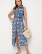 rosa Rochie Albastră fără Mâneci cu Croială Tip Cămașă cu Centură Decorată cu Broderie Fodarela